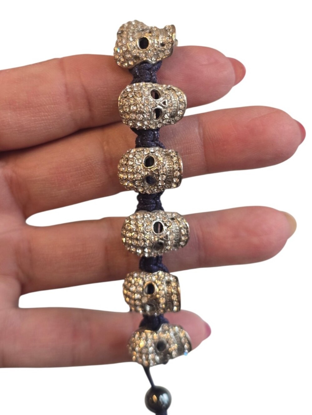 Skull Crystal Shamballa Macrame Navy Blue Lariat Cord Bracelet - Picture 5 of 6